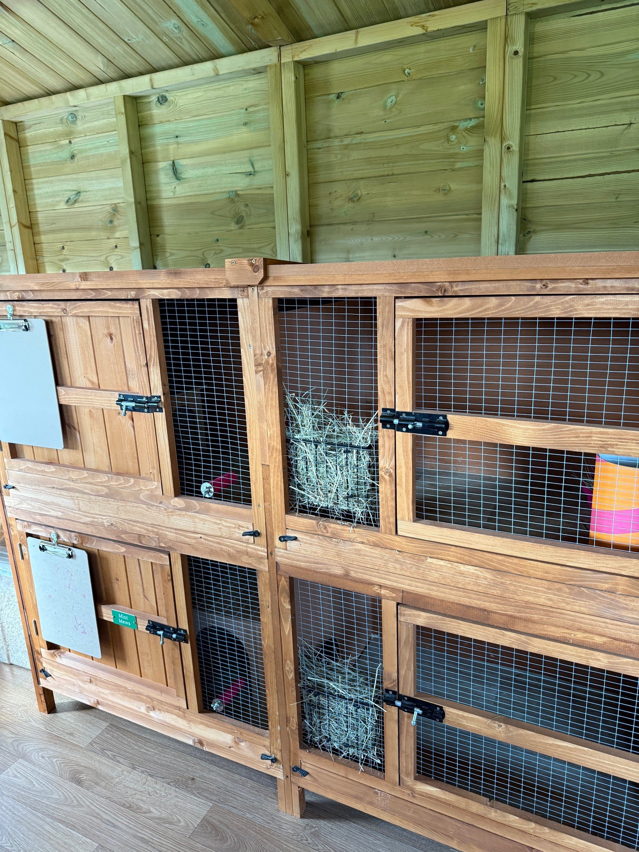 Wooden animal cages with wire mesh doors, containing hay, placed inside a wooden shelter.