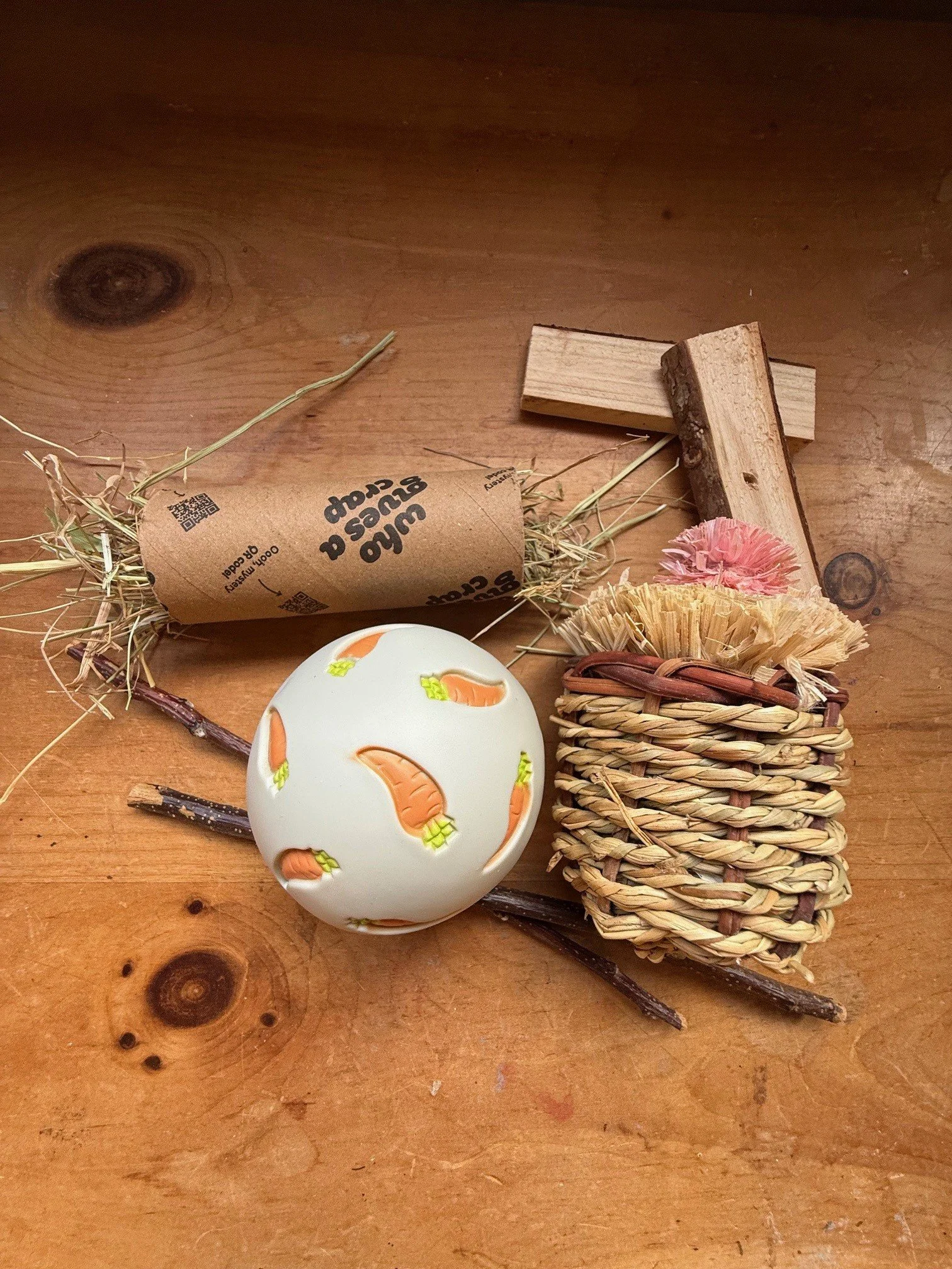 A selection of toys for small animals gnawing  wood, treat ball and chew toys