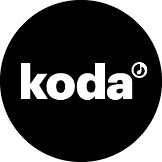Koda logo with white text and a small clock icon enclosed in a circle on a black background.
