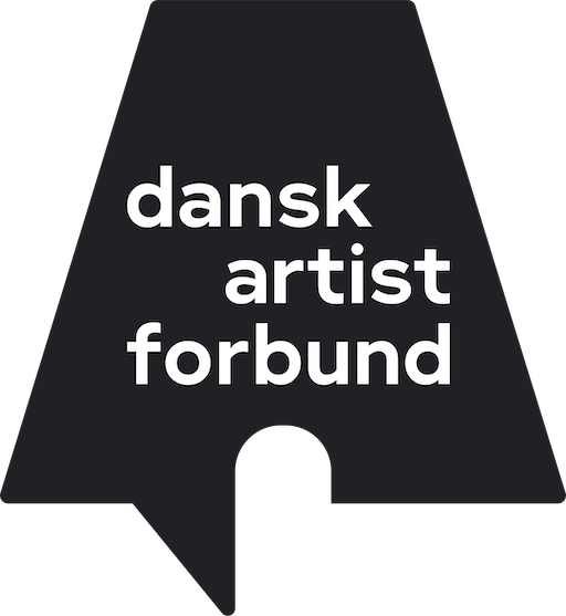Black background with white text reading 'dansk artist forbund' inside a speech bubble shaped icon.