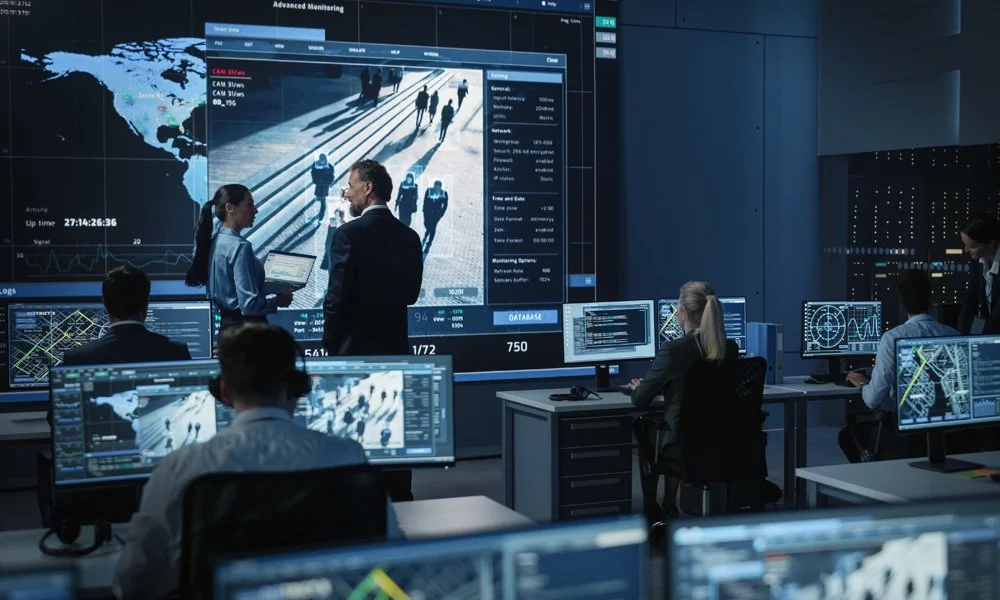 A control room with multiple monitors displaying maps, data, and surveillance footage. Several people are working at their desks, and two individuals are standing and discussing in front of a large screen showing a world map and surveillance footage of pedestrians.