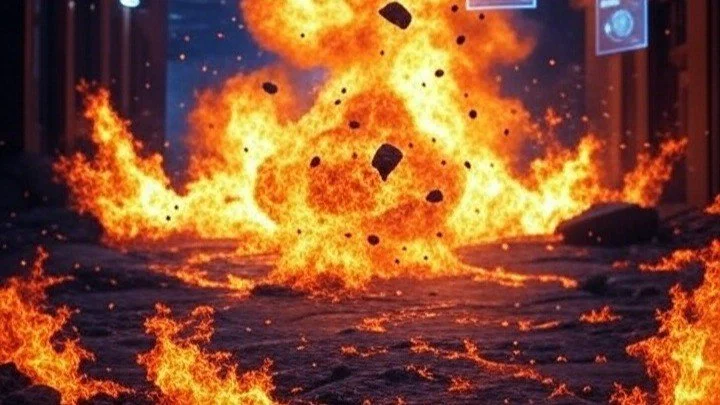 Explosion in a city street, with fire and debris flying.