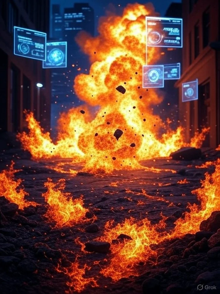 Explosion on a city street with flames, smoke, and futuristic holographic screens.