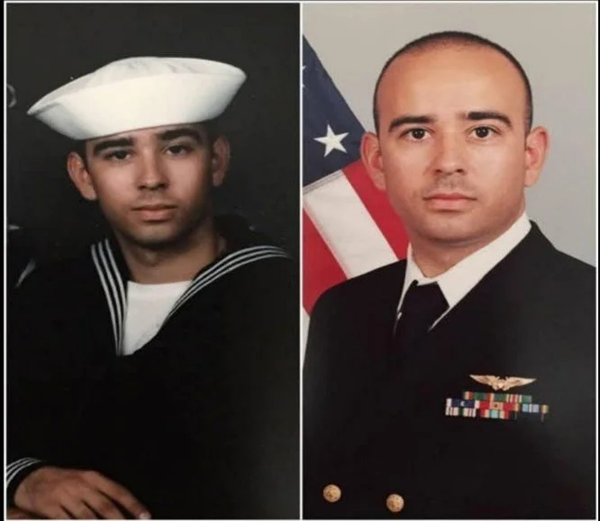 A side-by-side comparison of a man in a navy sailor uniform with a white sailor hat on the left, and the same man in a formal military uniform with an American flag behind him on the right.