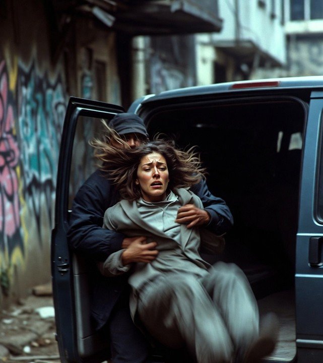A woman in distressed emotional state being assisted by a person in dark clothing outside a van in an urban setting with graffiti on the wall.