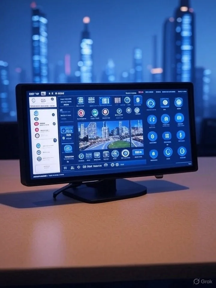 A computer screen displaying a cityscape app with icons and options, set on a desk with a view of a city skyline at night through a window.