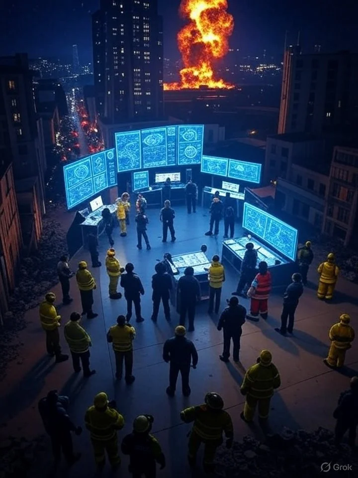 A large group of emergency personnel and scientists observing a control room with multiple monitors, while an explosion occurs in the city skyline at night.