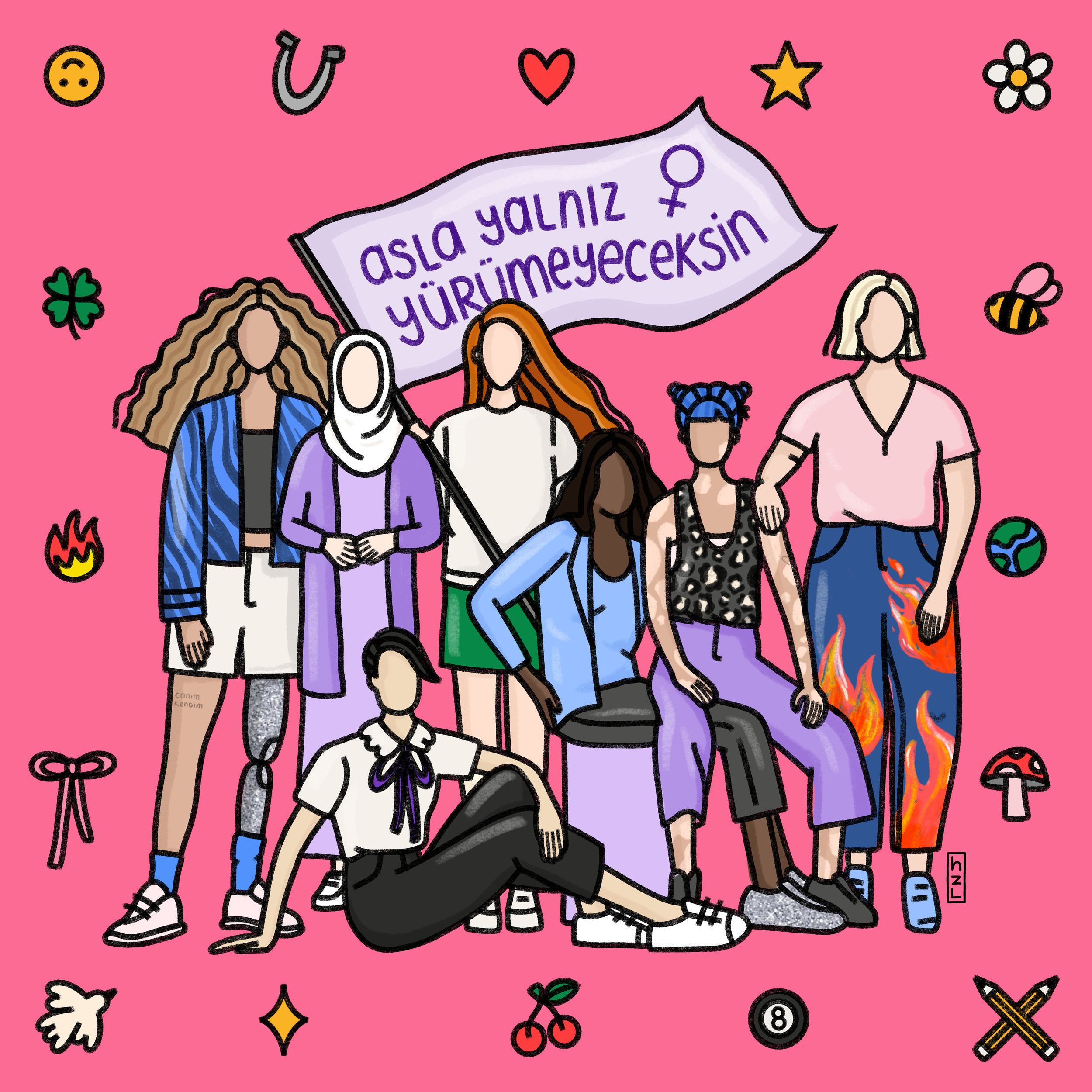 Illustration of diverse women holding a speech bubble with Turkish text, surrounded by symbols like a heart, star, flower, bee, fire, a three-leaf clover, globe, and various doodles, all on a pink background.