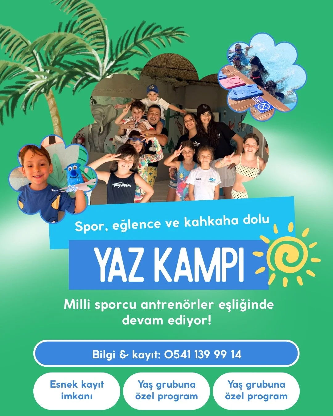 JOA Yaz Kampı; g&uuml;nl&uuml;k / haftalık / aylık kayıt se&ccedil;enekleriyle yaz boyunca devam ediyor!

Milli sporcu antren&ouml;rler eşliğinde &ccedil;ocukların farklı spor branşlarını deneyimleyeceği, el becerilerini geliştireceği, yeni arkadaşlı