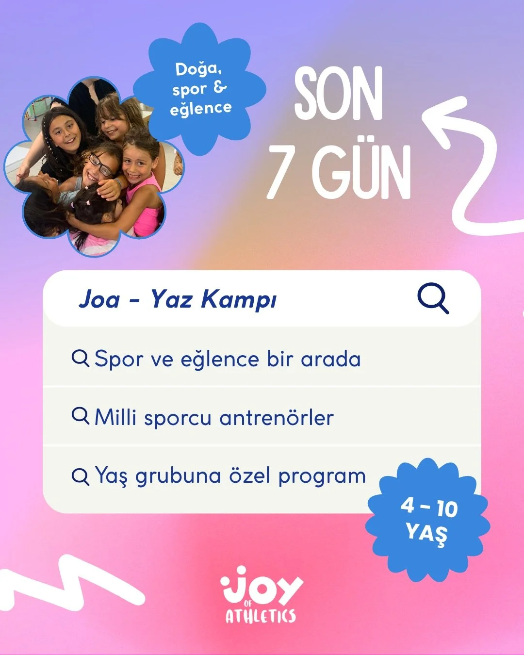 ⏳ JOA Yaz Kampı başlıyor!
6 Temmuz&rsquo;da Design Plus Seya Beach Hotel&rsquo;de yeniden buluşuyoruz. ☀️

Milli sporcu antren&ouml;rler eşliğinde &ccedil;ocukların farklı spor branşlarını deneyimleyeceği, el becerilerini geliştireceği, yeni arkadaşl