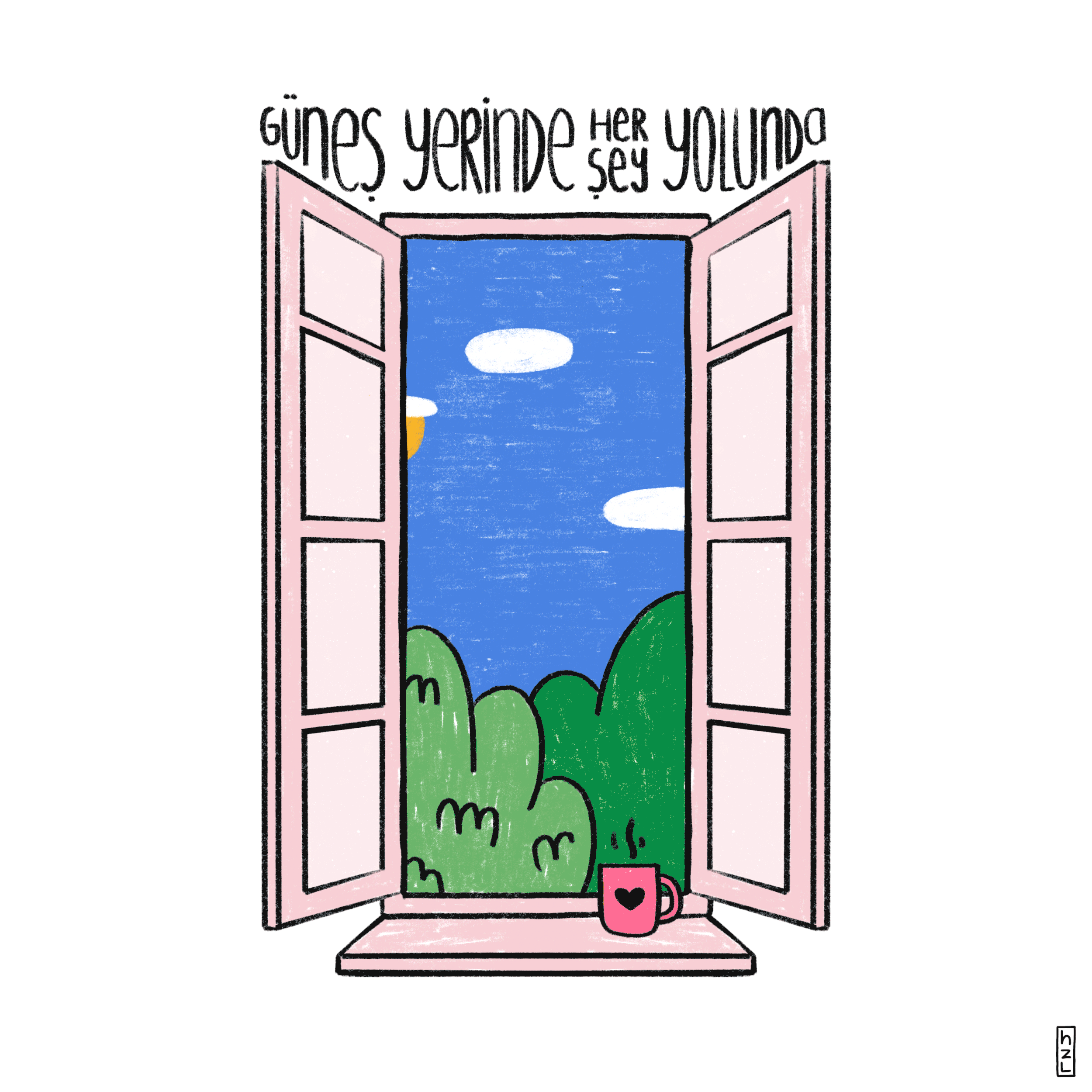 A digitally illustrated scene viewed through an open window showing a sky with clouds, a green landscape with rolling hills, and a pink mug with a heart symbol in the foreground.