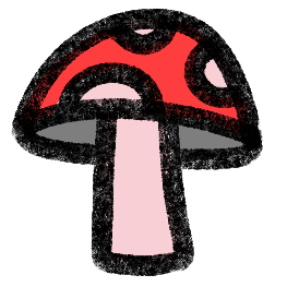 A cartoon illustration of a red and black mushroom with white spots and a white stalk.