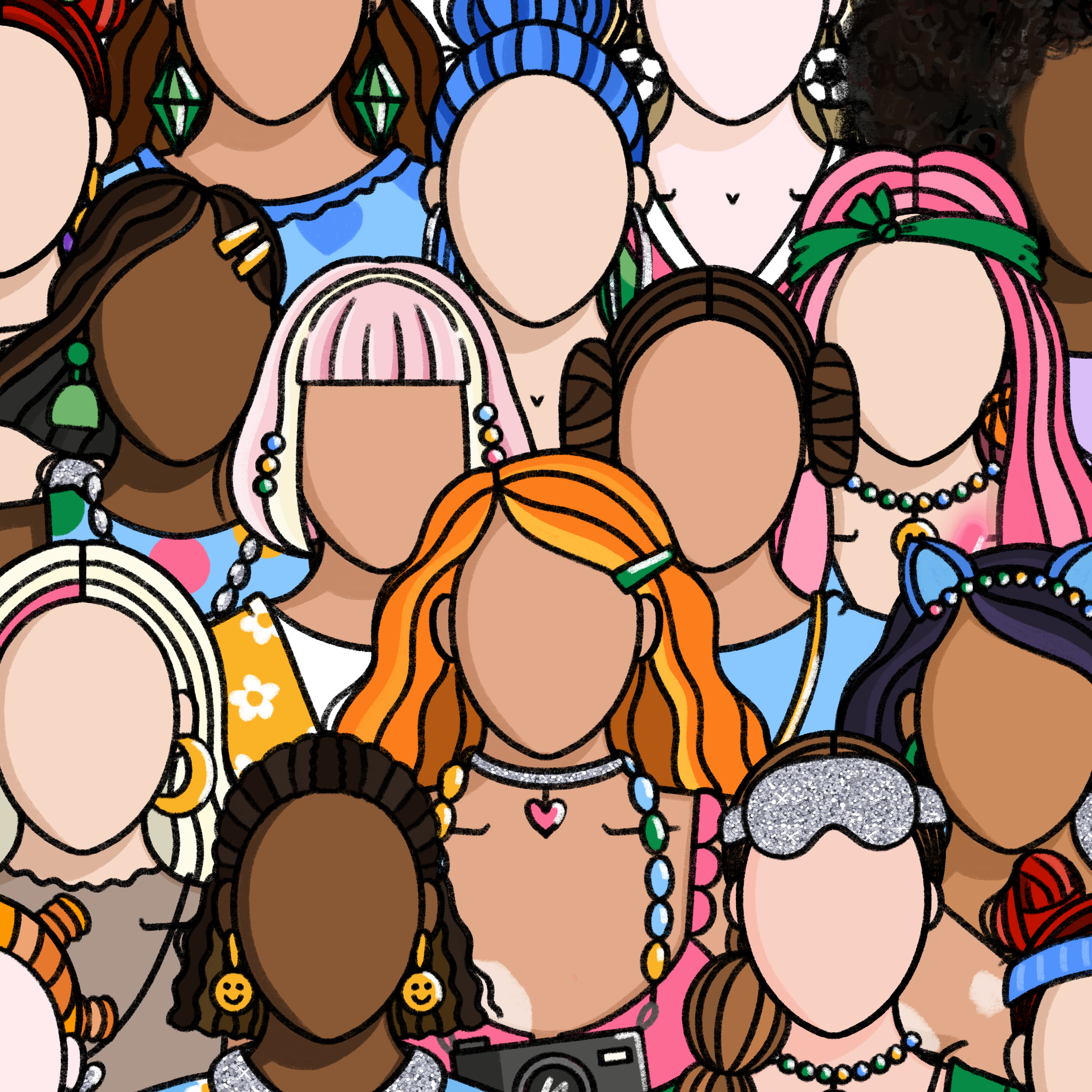 A diverse group of women with varying skin tones and hair styles, wearing colorful clothing and accessories, smiling and posing together.