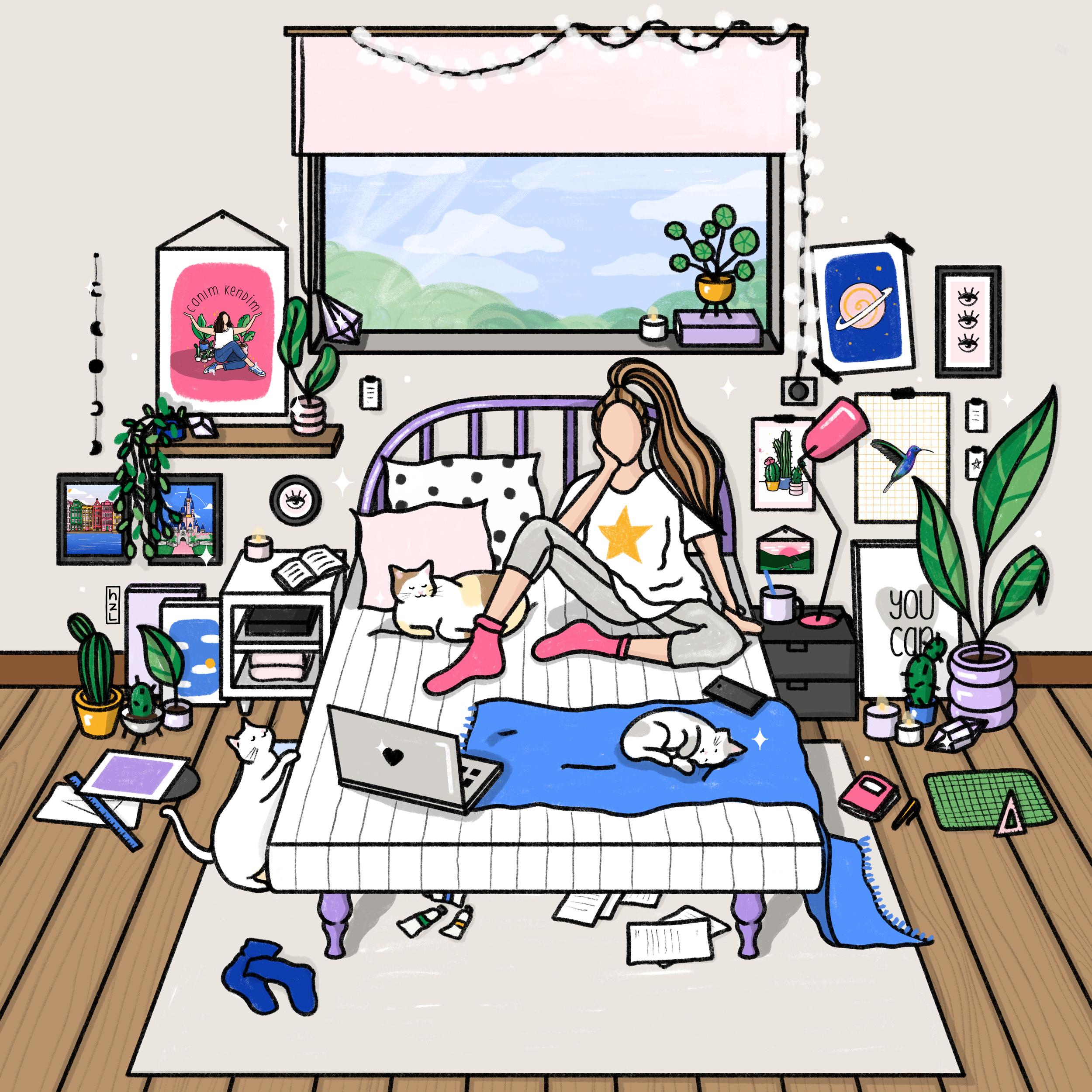 A messy bedroom with a girl sitting on the bed, surrounded by scattered papers, pens, and other items. The room has a window with a view of trees and sky, and various decor including posters, plants, and pictures on the walls.