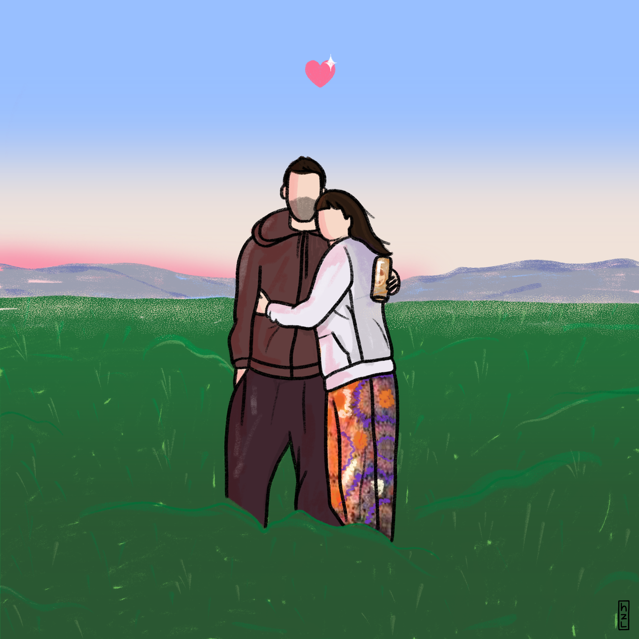 A drawing of a couple hugging and standing on a grassy field with mountains in the background during sunset. The sky is a gradient of pink and blue, with a pink heart and sparkles above them.
