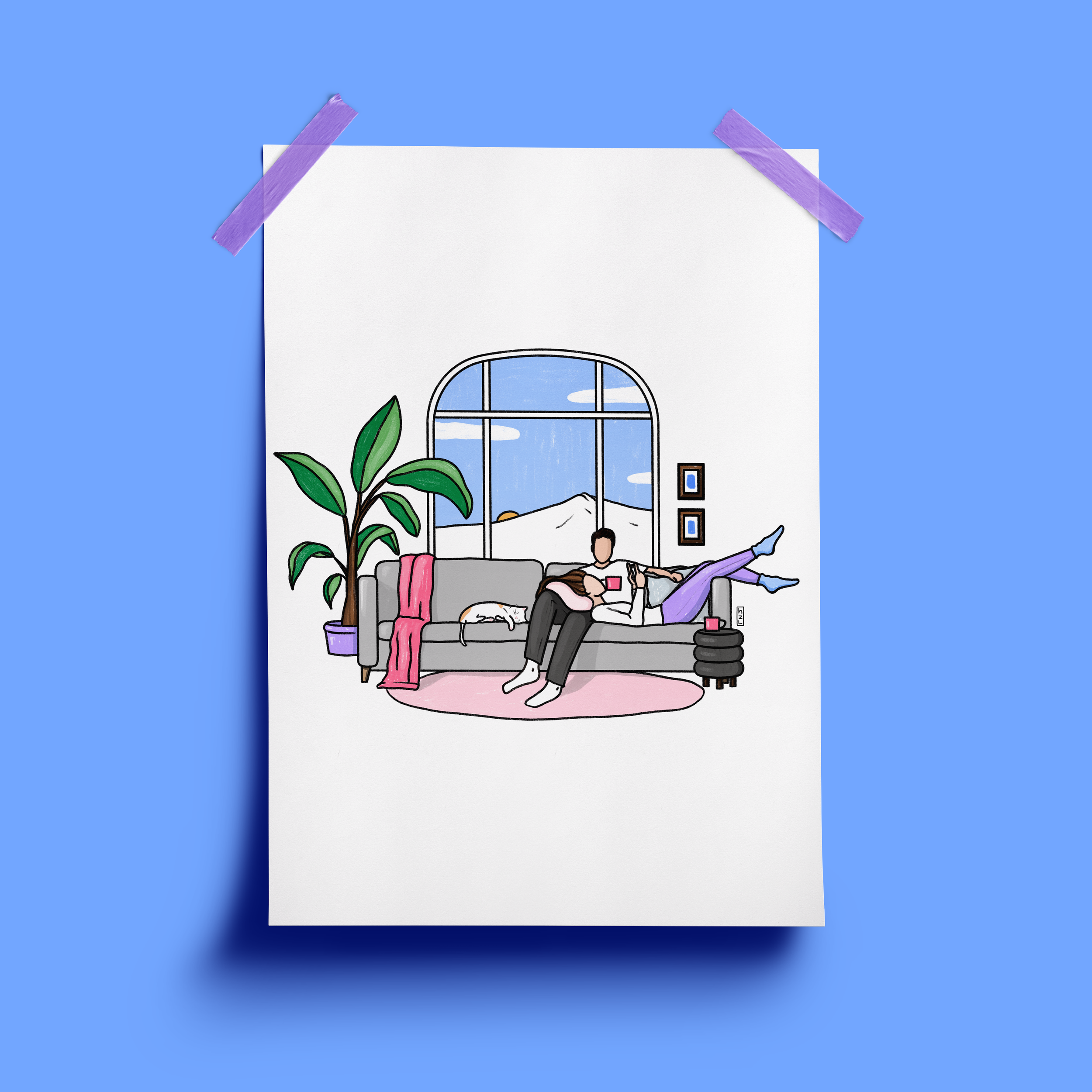 Illustration of a person sitting on a gray sofa with a dog sleeping beside them, plants and a large window in the background, and purple tape securing a white piece of paper to a blue wall.