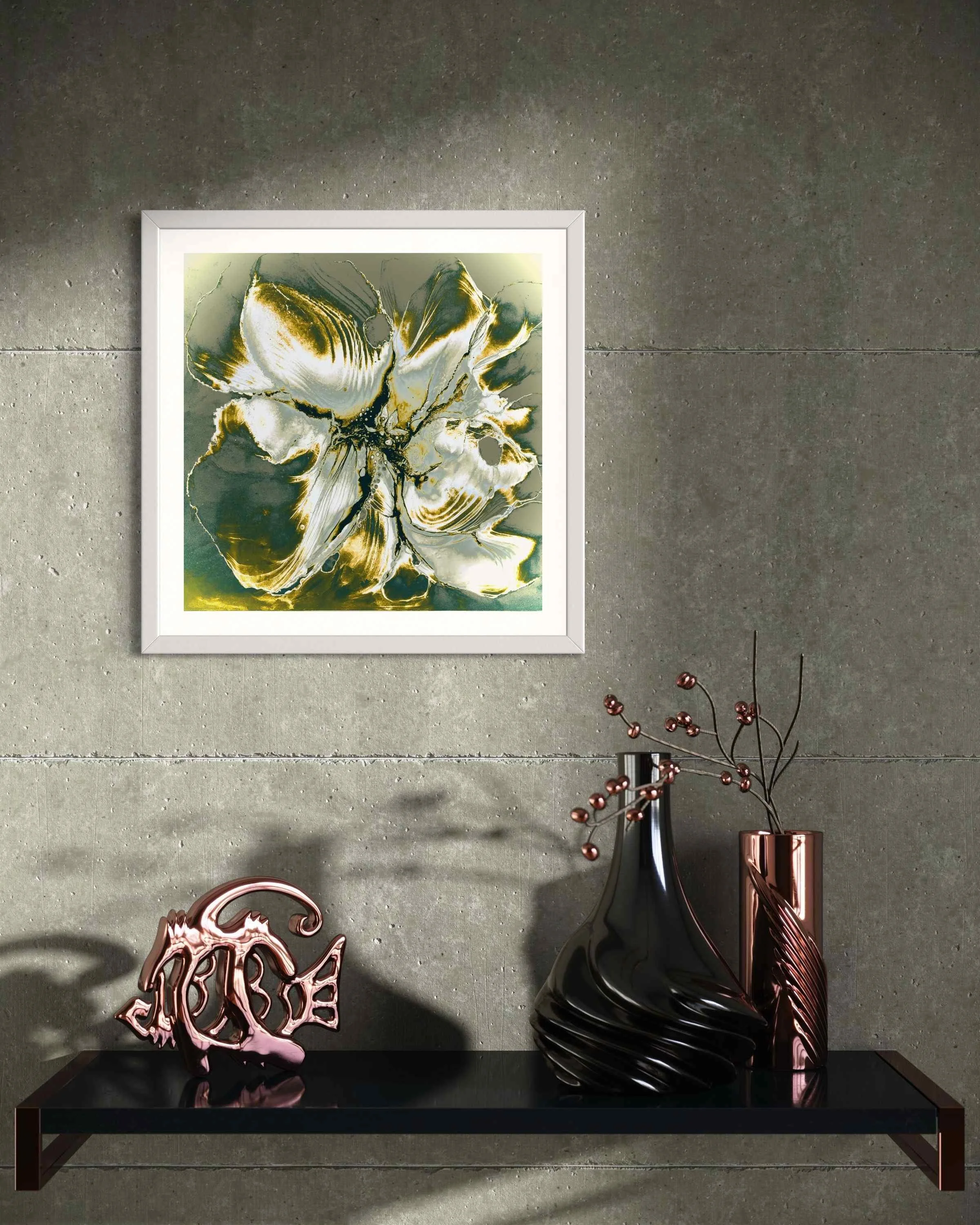 Abstract floral art print with gold, white, and grey hues resembling a flower on an olive green background, hanging on a wall with decorative vases and metallic sculpture on a black shelf.