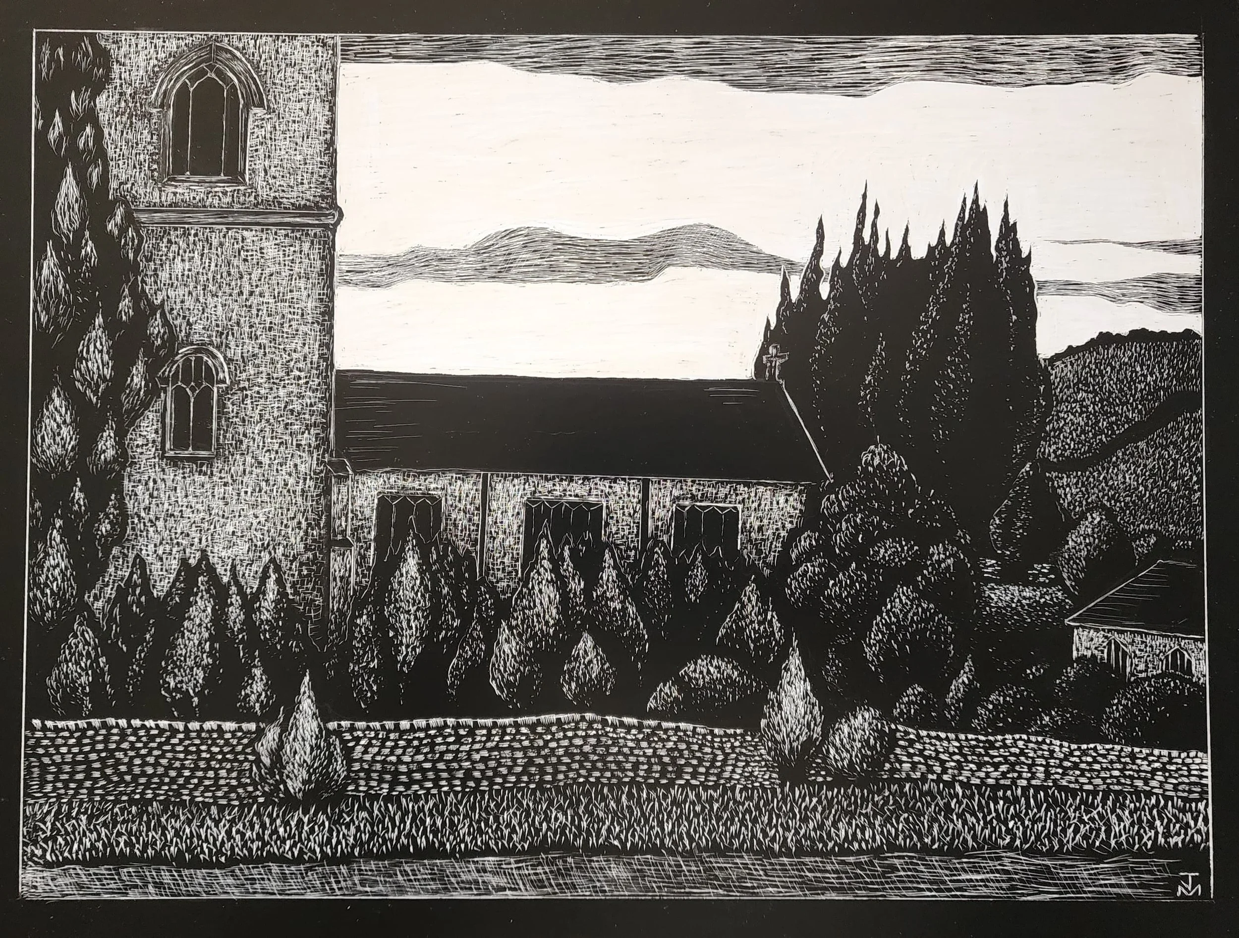 'Church Lane' | scraperboard