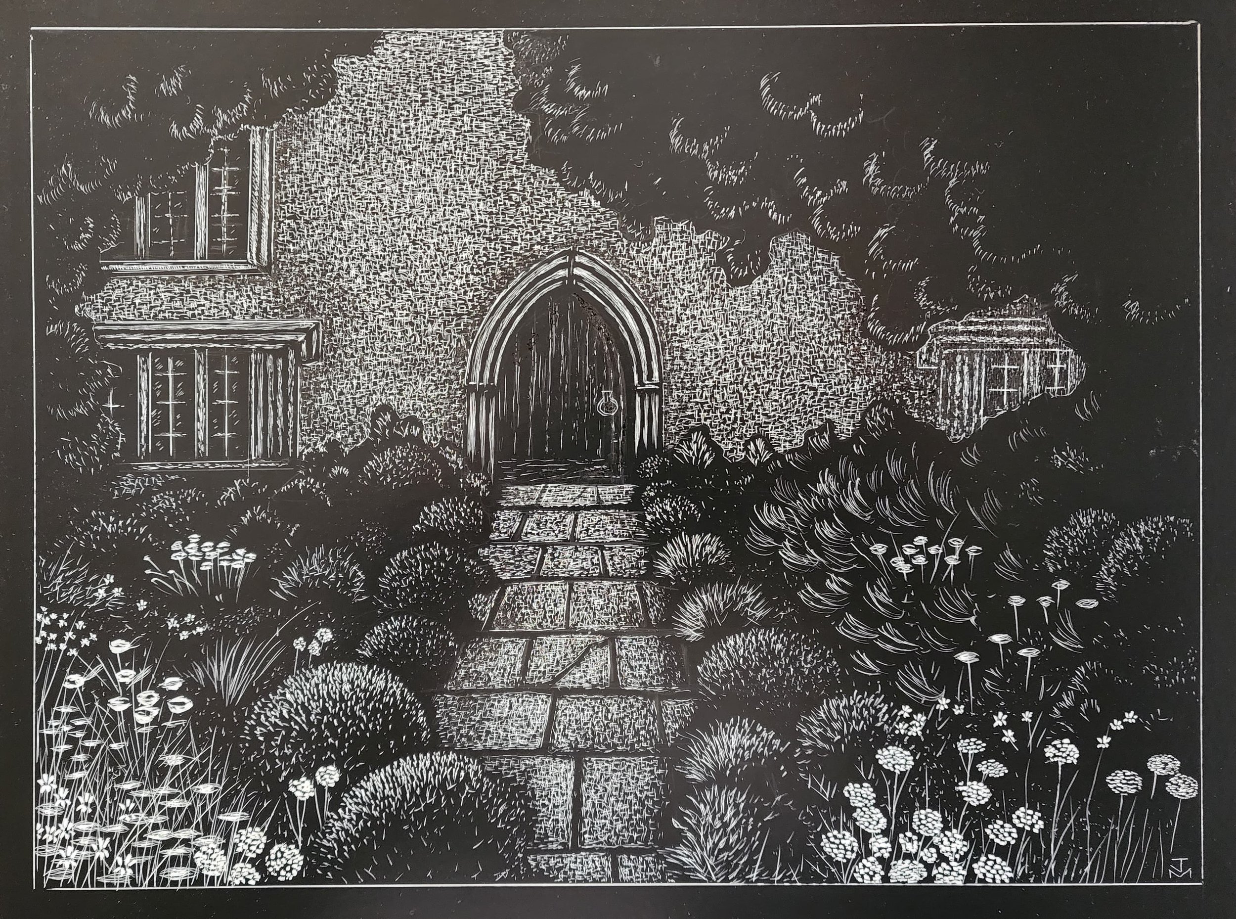 'Priest's House - Muchelney' | scraperboard
