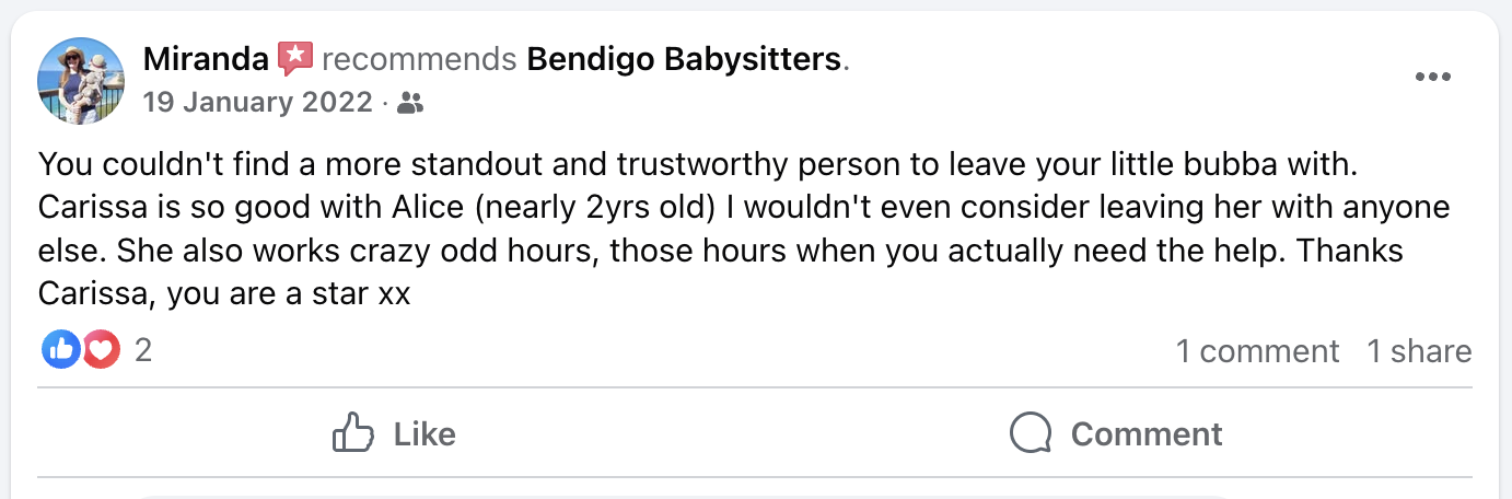 Facebook post with a review praising a person named Carissa for caring for a toddler named Alice, mentioning her dedication and odd working hours.