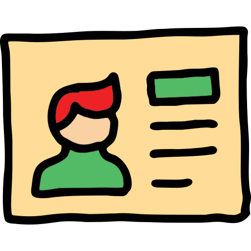 Illustration of an ID card featuring a person's profile picture with red hair and green clothing, along with lines representing text.