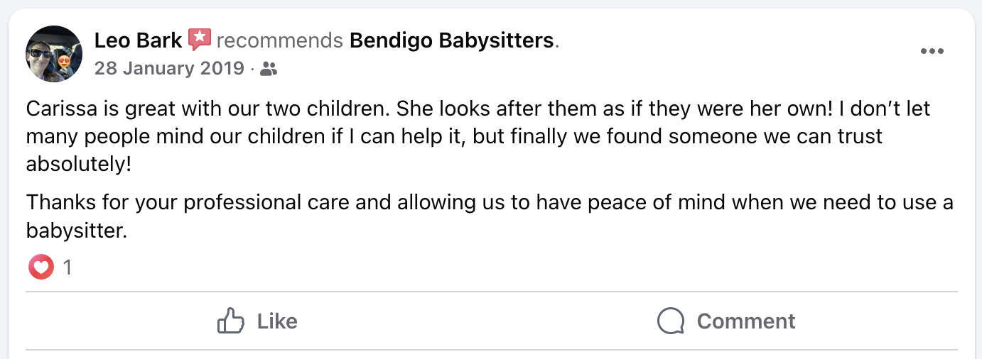 Testimonial about Bendigo Babysitters from Leo Bark, praising a caregiver for her trustworthiness and professionalism.