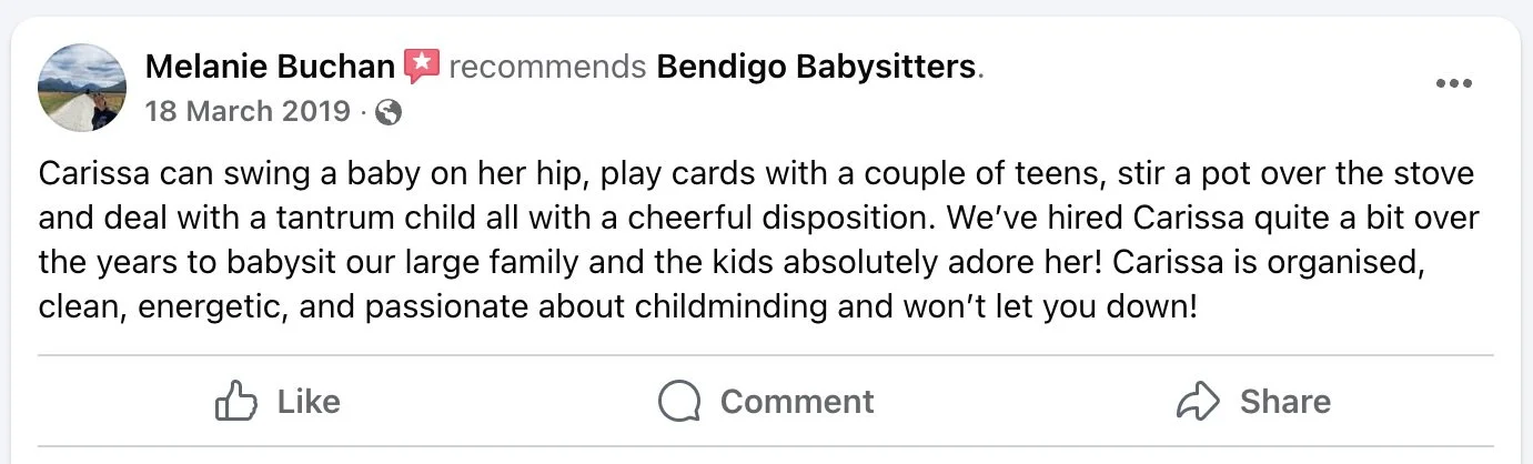 Facebook post recommending Bendigo Babysitters, praising Carissa for her childminding skills.