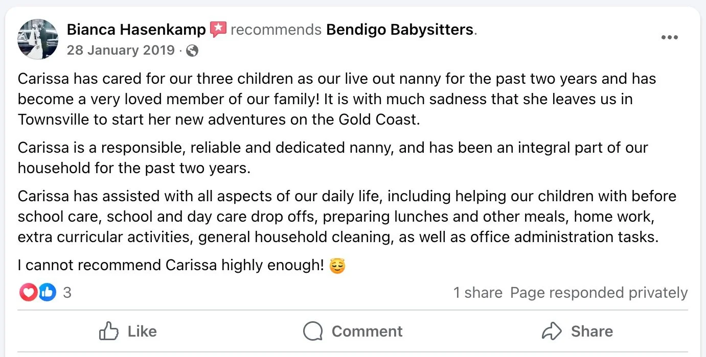 Facebook review mentioning a nanny named Carissa who cared for three children for two years, caring for daily household tasks, and preparing meals, in a family on the Gold Coast.