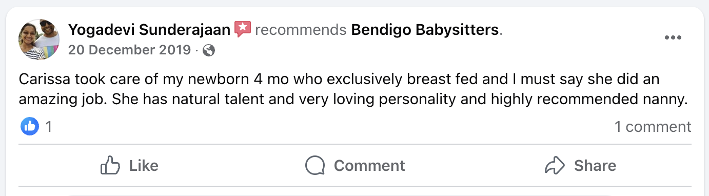 Facebook post recommending Bendigo Babysitters, dated December 20, 2019. The post mentions a nanny named Carissa taking care of a newborn 4 months old, exclusively breastfed, praising her skills, personality, and recommendation.