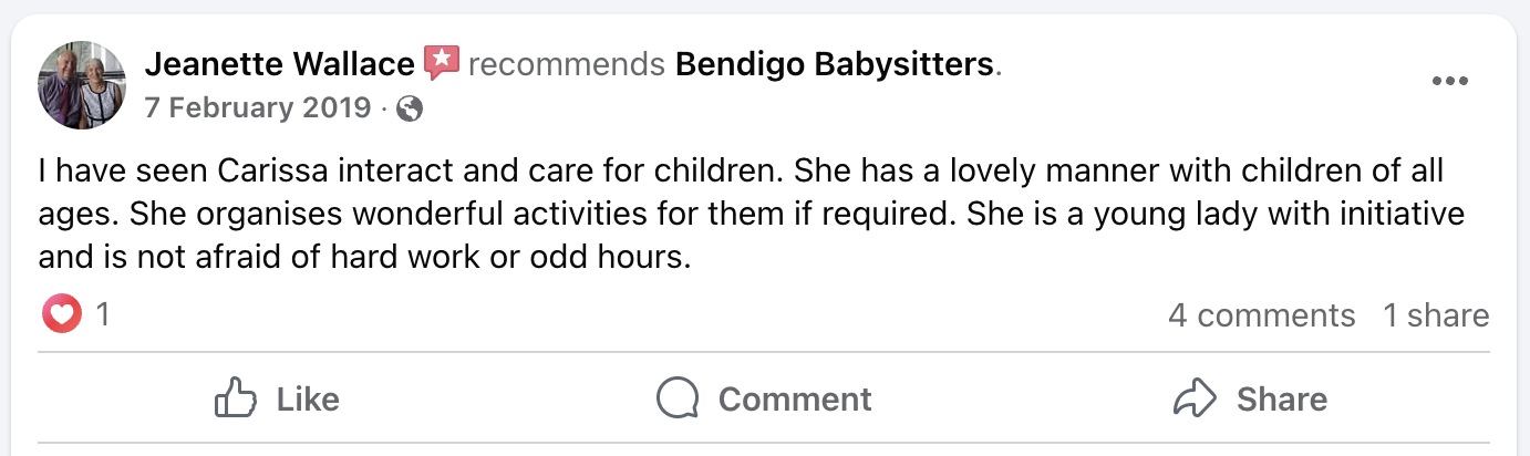 Screenshot of a Facebook recommendation post by Jeanette Wallace praising Carissa for her interaction and care for children.