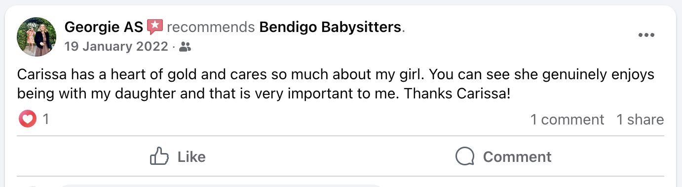 Text post recommending Bendigo Babysitters, from Georgie A S, on January 19, 2022, praising Carissa's caring nature and love for her daughter.