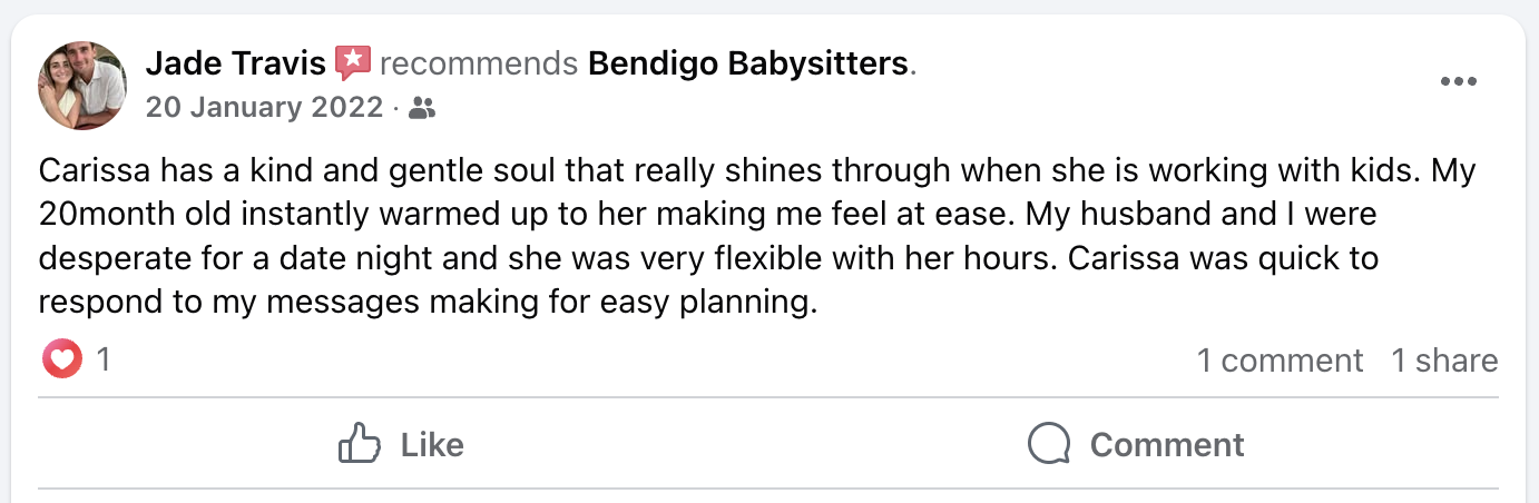 Screenshot of a Facebook recommendation post from Jade Travis praising Bendigo Babysitters, dated January 20, 2022, describing a positive experience with a babysitter named Carissa.