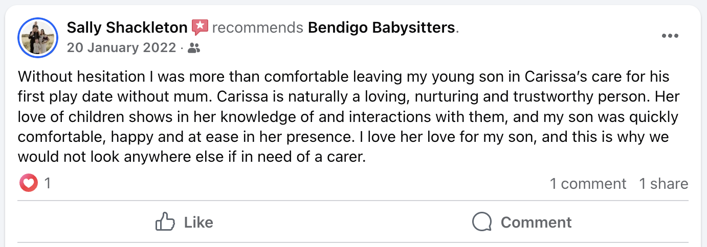 Screenshot of a Facebook post by Sally Shackleton recommending Bendigo Babysitters. The post is written in English and expresses satisfaction with a babysitter named Carissa, highlighting her love for children and her care for her son during a play d