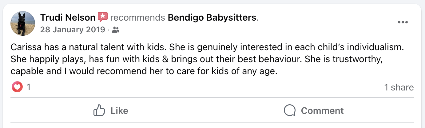 Screenshot of a Facebook recommendation post for Bendigo Babysitters, dated January 28, 2019. The post praises a woman named Carissa for her natural talent with kids, her trustworthiness, and her ability to bring out children's best behavior. A profi