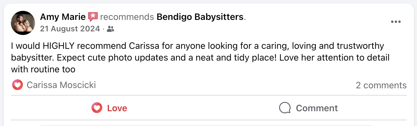 Screenshot of a social media post recommending a babysitter named Carissa, with text praising her caring and trustworthy nature, and noting her attention to detail and neatness.