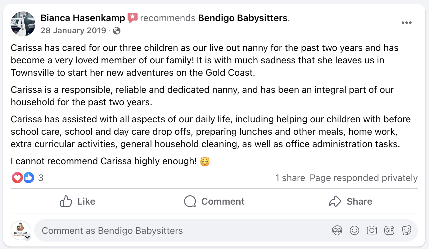 Screenshot of a Facebook review recommending Bendigo Babysitters, mentioning a caregiver named Carissa caring for three children and her dedication to household tasks and childcare.