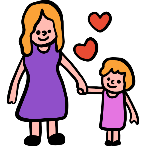 Drawing of a woman holding hands with a young girl, both smiling, with two red hearts floating above them.