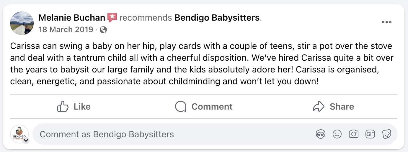 Screenshot of Facebook post recommending Bendigo Babysitters, with a profile picture of a logo with a cartoon babysitter, the post mentioning Carissa's childcare services, dated 18 March 2019.
