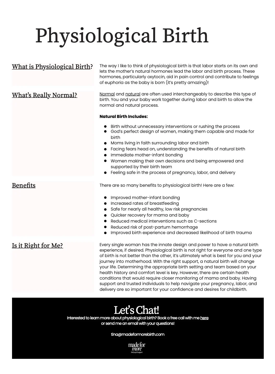 A webpage about physiological birth, explaining its benefits, normal process, and considerations for women.