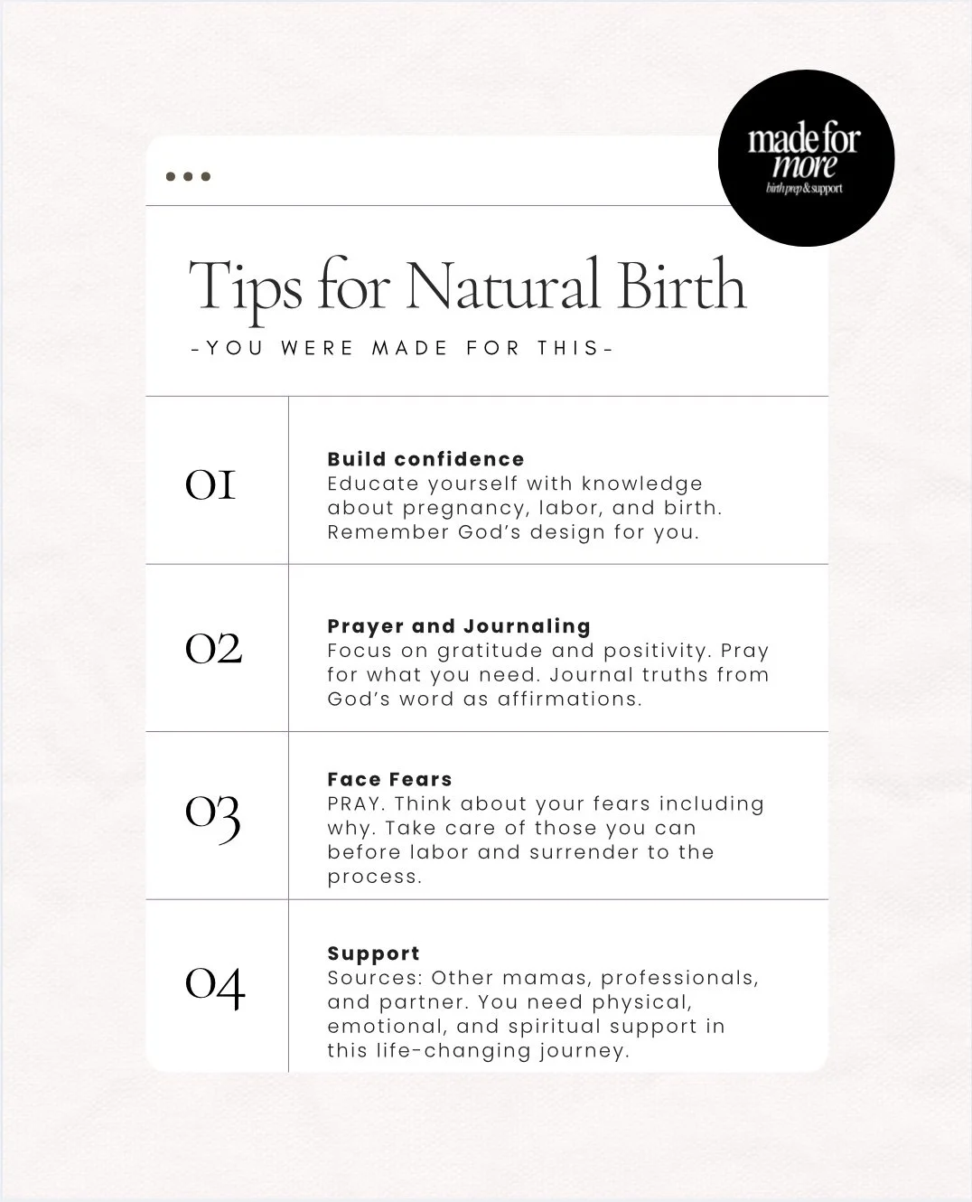 Tips for natural birth with advice on building confidence, prayer and journaling, facing fears, and support, from a website called 'made for more'.
