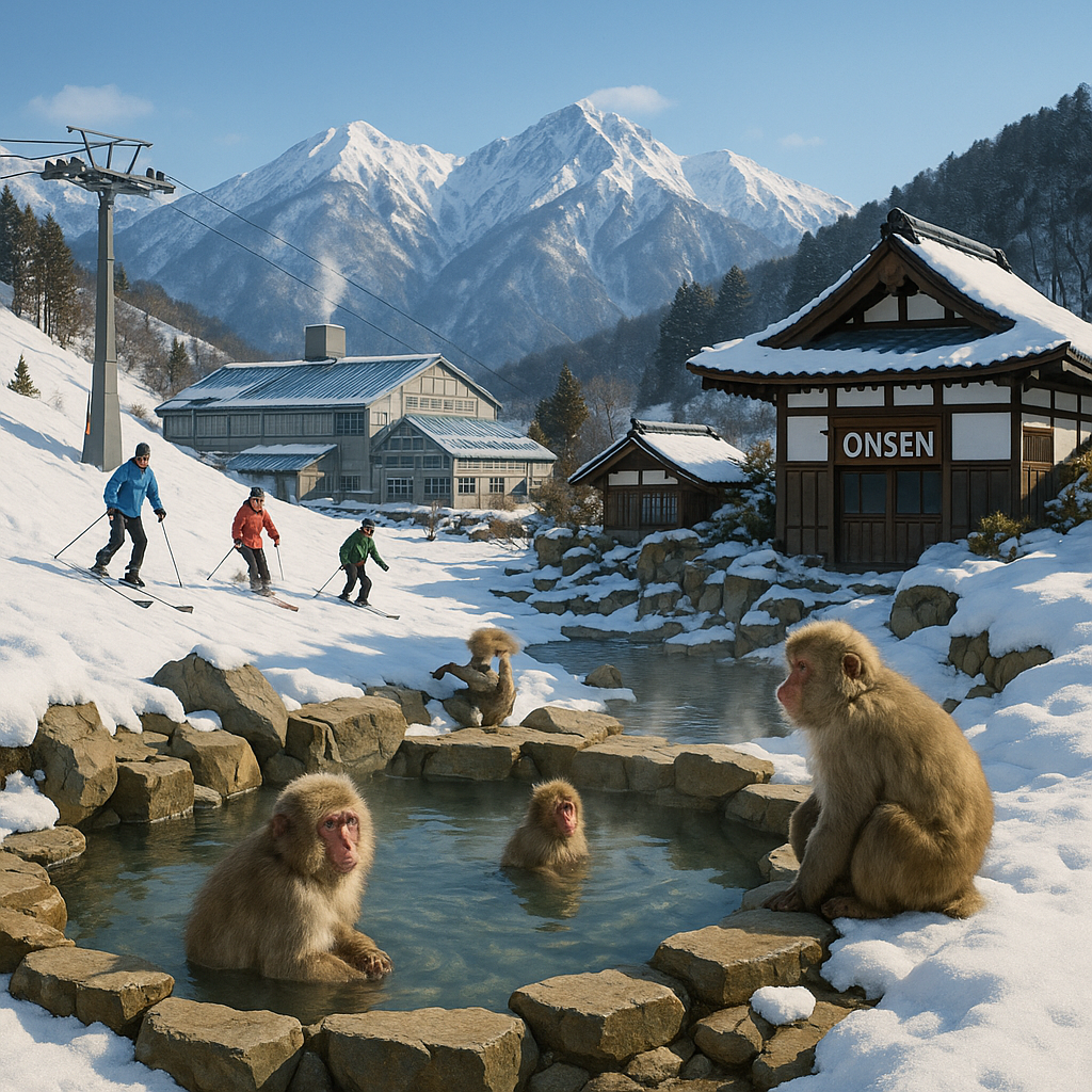 Snowy scene at a hot spring with Japanese macaques relaxing in the water, surrounded by traditional buildings and mountain landscape, with skiers ascending a slope.