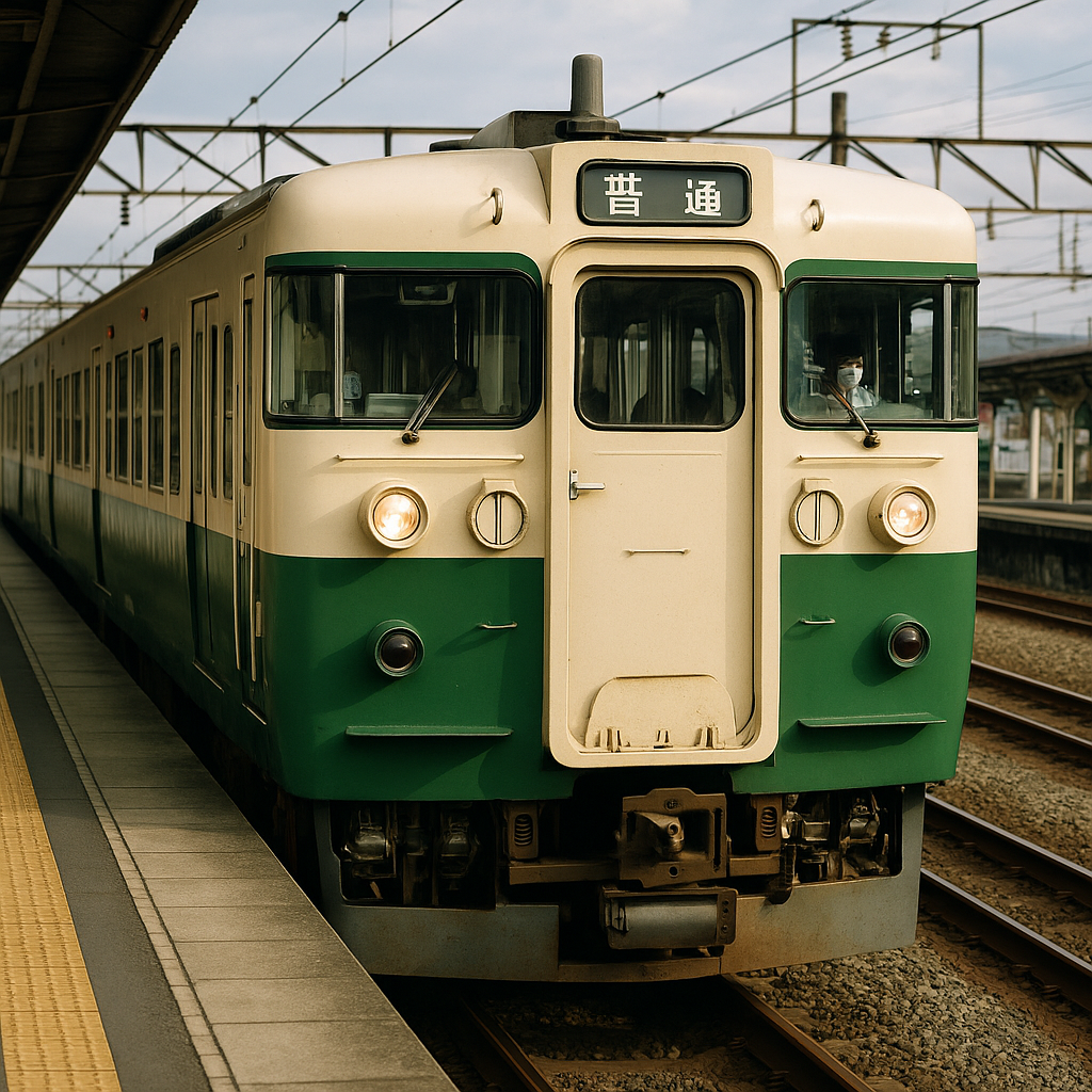 A green and cream-colored train at a train station.