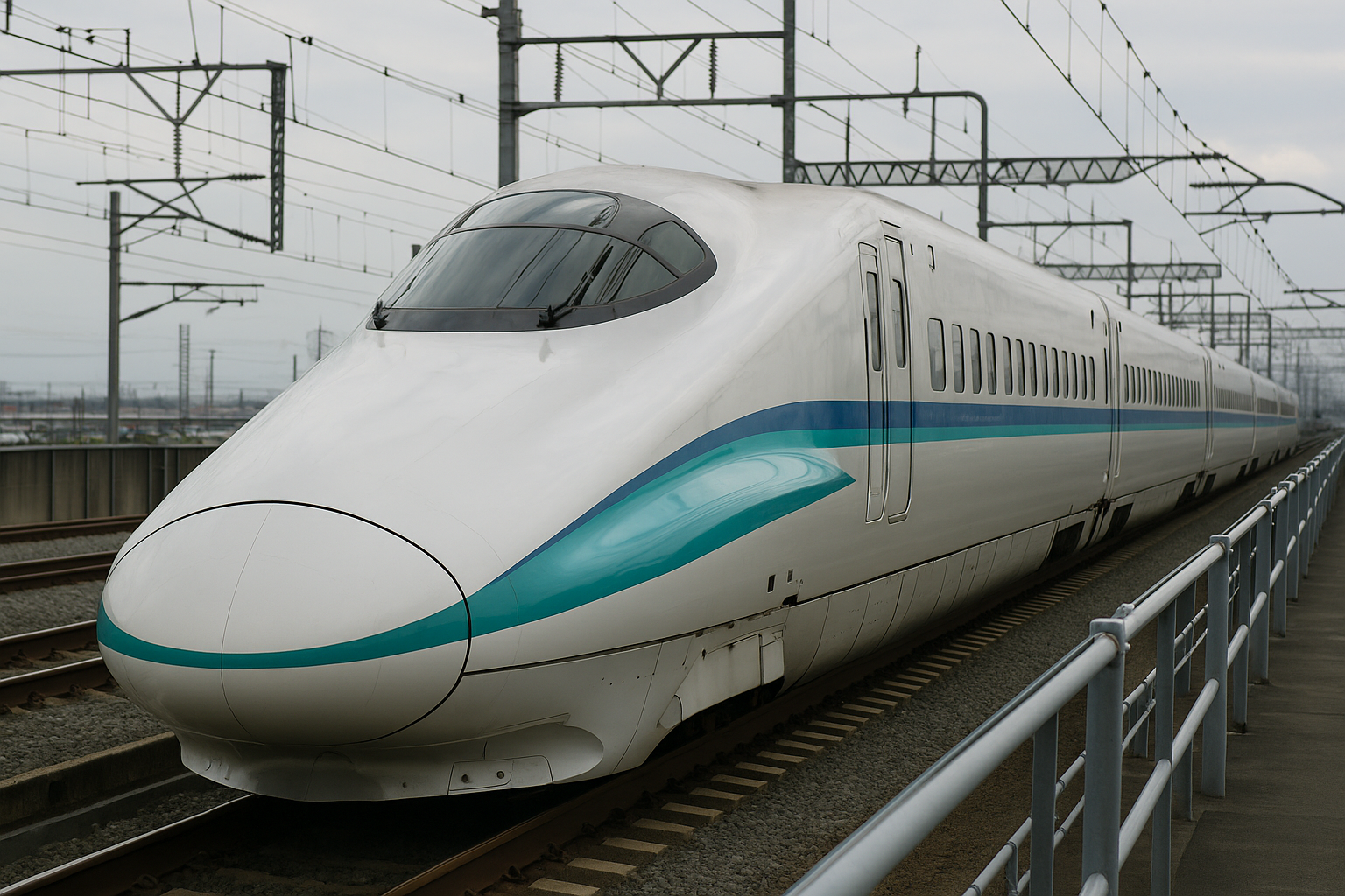 A modern high-speed train on railway tracks, with overhead power lines and a cloudy sky in the background.