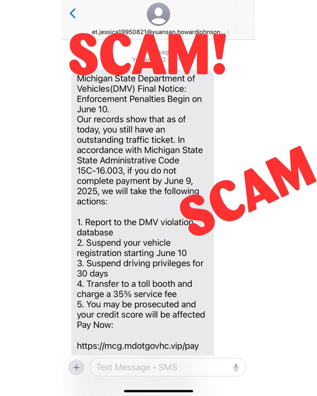 🚨 SCAM ALERT! 🚨
This text message claiming to be from the Michigan DMV is FAKE. Messages like these are designed to scare you into clicking a dangerous link and giving away personal or payment information.
🔒 Here’s how you know it’s