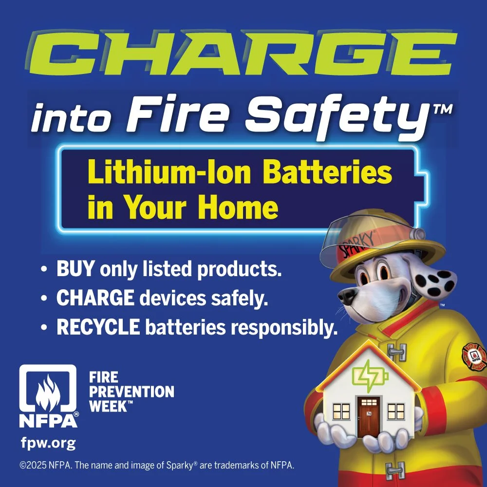 🚨 Mark your calendars—Fire Prevention Week is October 5-11! 🚒
Since 1922, the NFPA has sponsored Fire Prevention Week to help families and communities stay safe. This year’s campaign, “Charge into Fire Safety™: Lithium-Ion