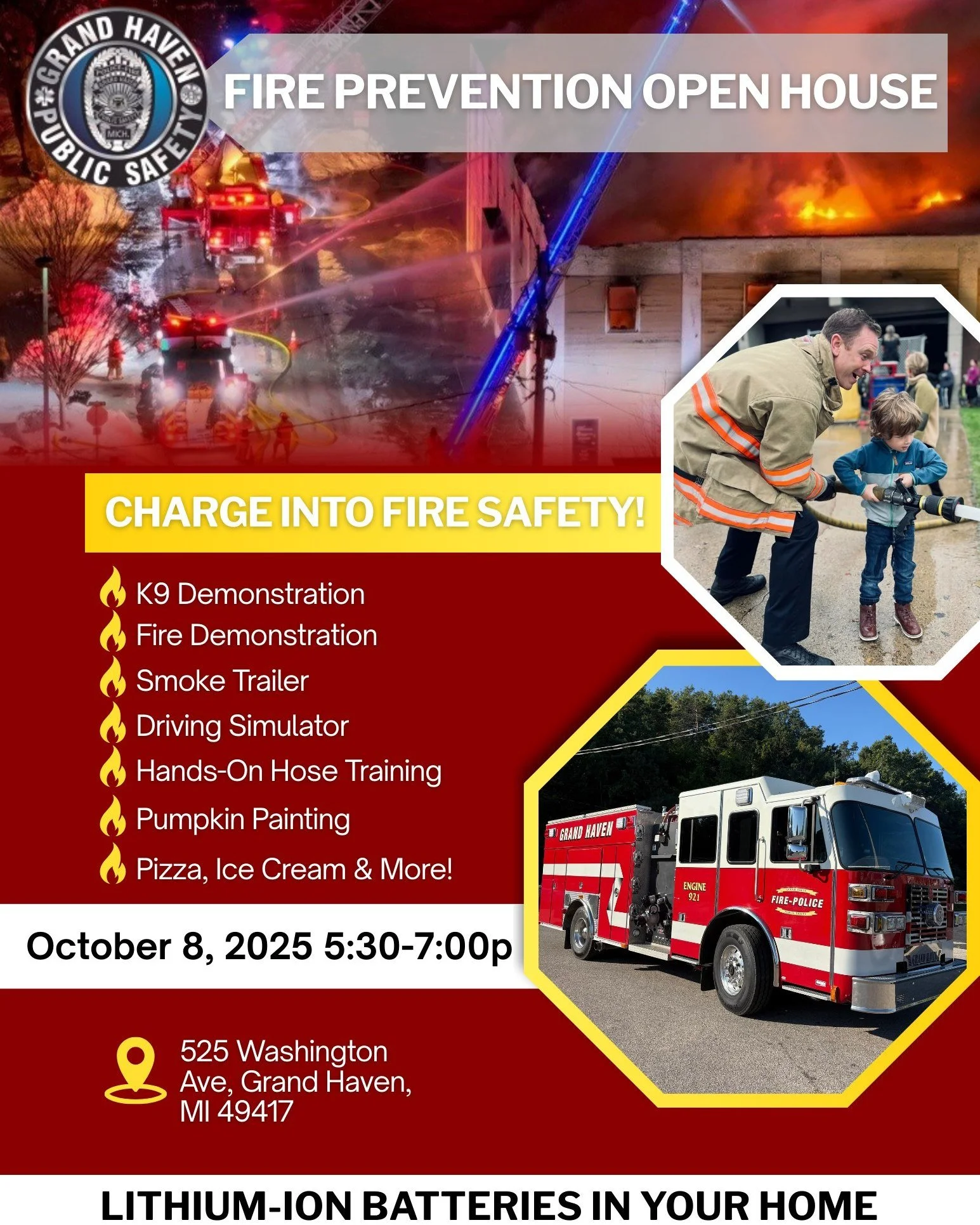 🚨Our Fire Prevention Open House is coming up on Wednesday, October 8th from 5:30–7:00 PM! 🚒
This year’s Fire Prevention Week theme is “Charge into Fire Safety™: Lithium-Ion Batteries in Your Home” 🔋⚡.
Bring the fam