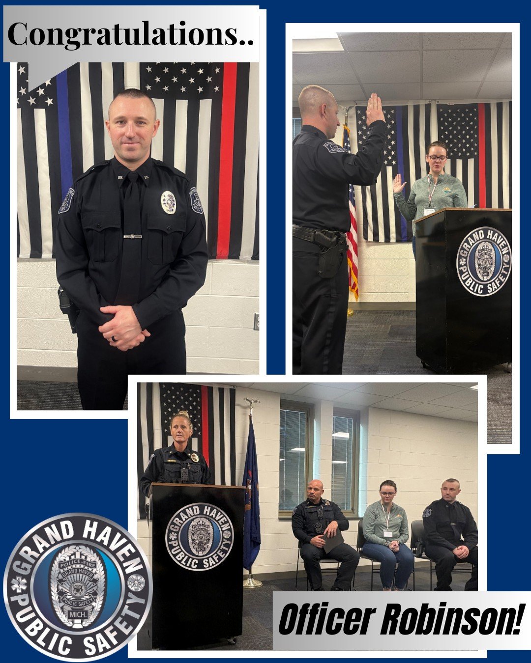 Welcome, Officer Robinson!
Today we proudly celebrated Officer Robinson as he was officially sworn in with the Grand Haven Department of Public Safety. We&rsquo;re excited to see his dedication in action as he begins serving our community.