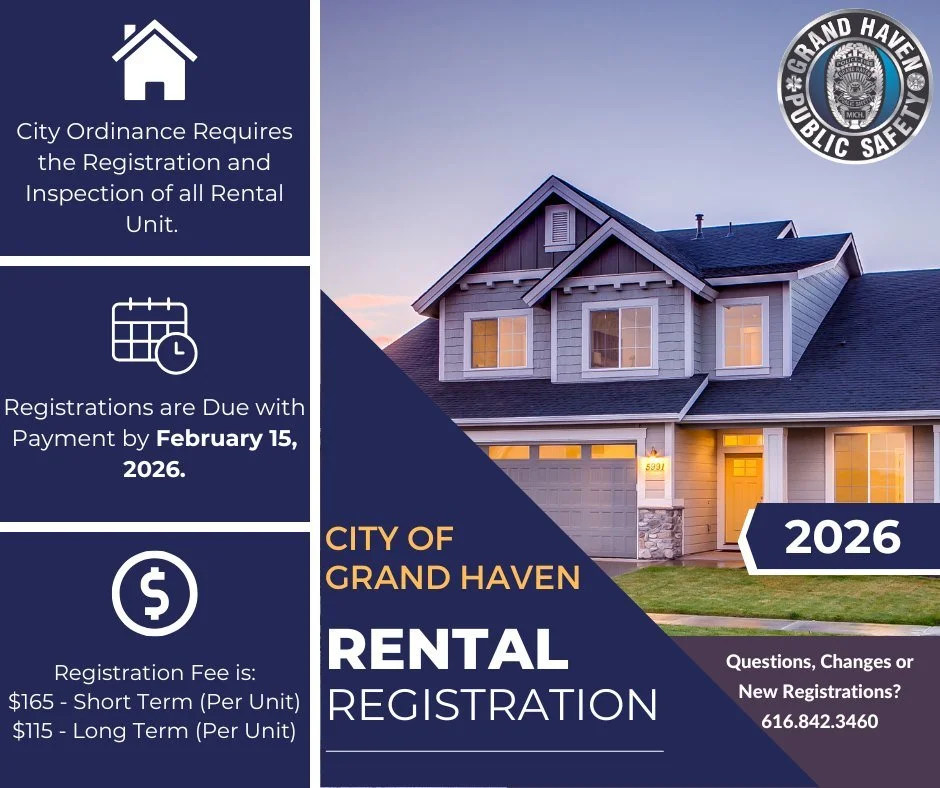 🚨 Attention Grand Haven Property Owners &amp; Landlords! It&rsquo;s time to register your rental properties for 2026. 🏡

📅 Registration &amp; payment are due by February 15, 2026.

Fees:
$165 per unit &ndash; Short-term rentals
$115 per unit &ndas
