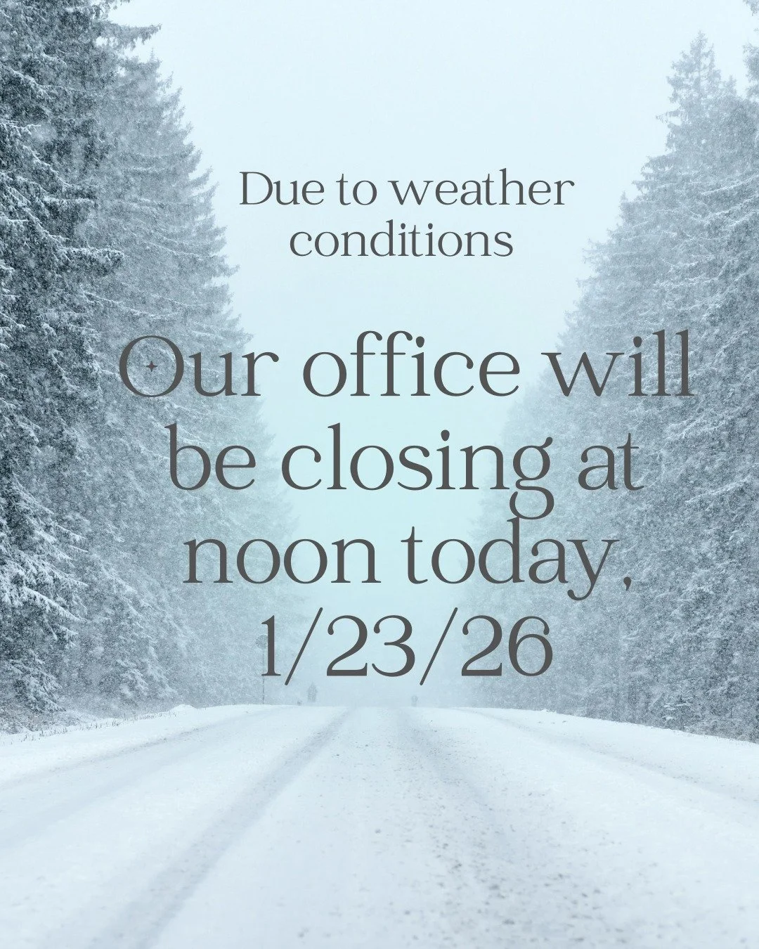 Weather Closure Notice
Due to weather conditions, our office will be closing at noon today.

The lobby remains open for those who need to speak with an officer&mdash;please use the intercom. In an emergency, call 911; for non-emergencies, call 1800-2
