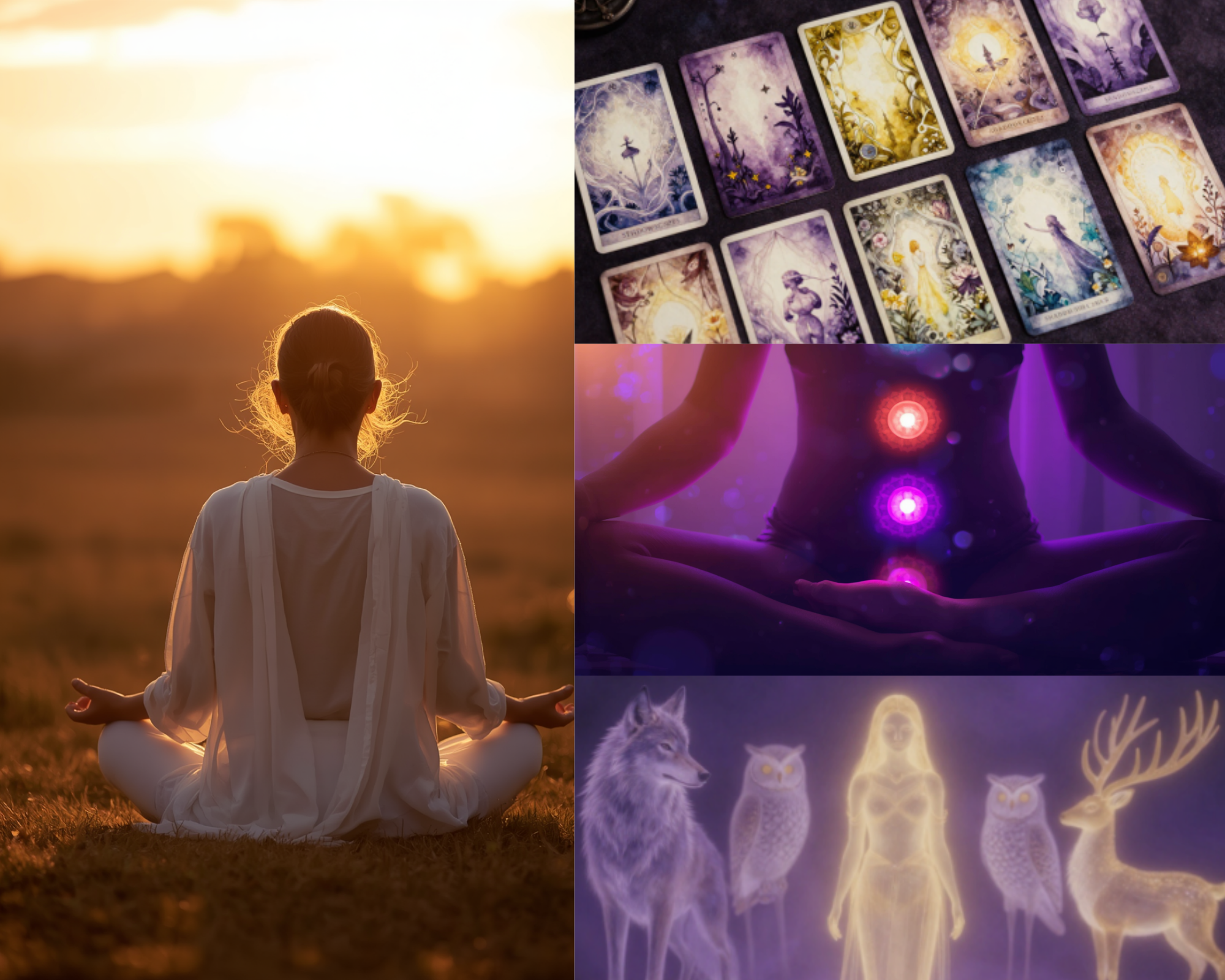 A person in white robes practicing meditation outdoors during sunset, with tarot cards and mystical symbols displayed on the right.